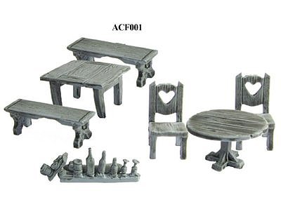 Tables, chair, bench, bottles 